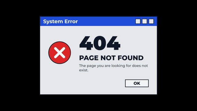 System error 404 page not found popup retro with warning icon. 4k video