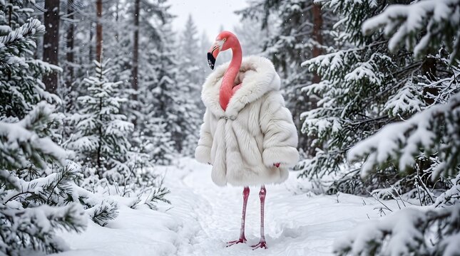 Fashionable pink flamingo wearing fluffy white fur coat standing on snowy footpath amidst frozen evergreen trees in winter forest