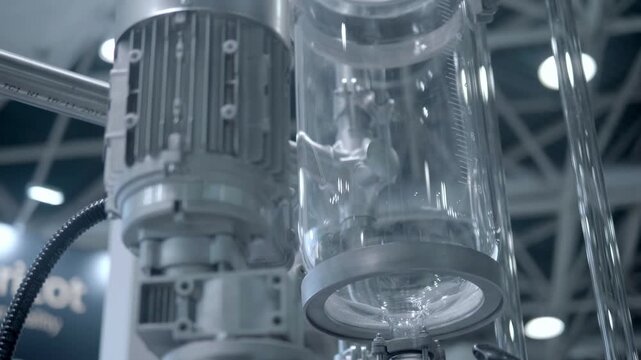 A large laboratory mixer prepares a chemical solution for further research work. Closeup. Shot in motion. Follow focus