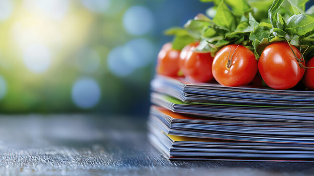Fresh tomatoes top of stacked magazines create vibrant and colorful display, symbolizing healthy living and gardening