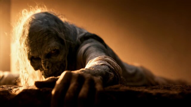 Halloween zombie crawling toward the viewer in a suspenseful horror scene. Undead monster emerging across a dark surface in a cinematic creature feature.