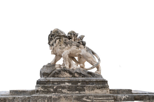 Isolated Classic Stone Lion Statue Cutout on transparent Background