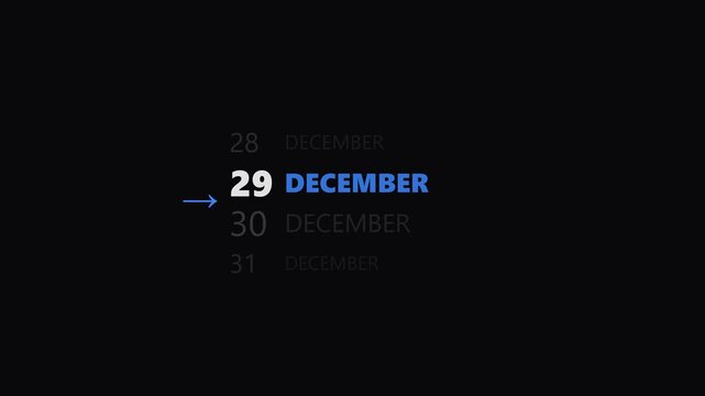 Calendar date scrolling to December 31 with arrow indicator, countdown new year schedule design. 4k video