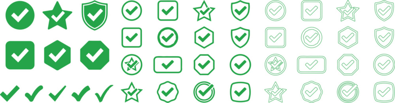 Large set of green check mark icons in different shapes and styles with tick sign