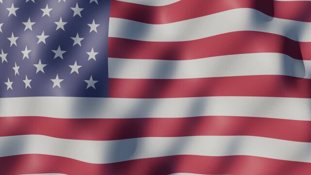 Dynamic American flag waving majestically, highlighting the luxurious fabric texture with graceful folds and shadows, perfect for patriotic holiday backgrounds and national celebrations