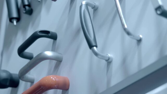 Samples of new industrial door handles are presented at the exhibition. Closeup. Shot in motion