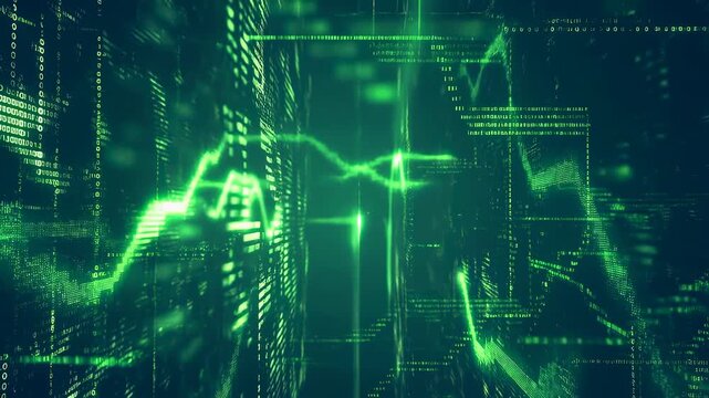 Neon data streams and financial charts flow through an abstract digital network environment. Technology presentations, financial services advertising, and data analytics explainers.