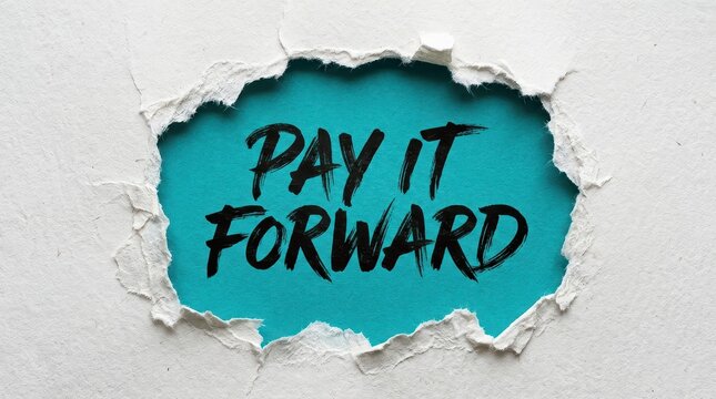 Pay It Forward Message Revealed Through Torn White Paper Hole on Teal Background for Social Responsibility and Kindness.