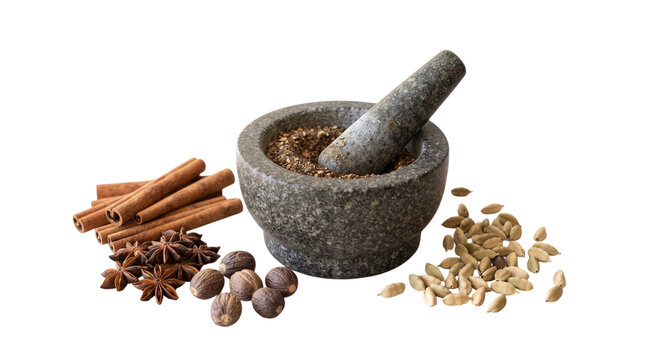 Stone Mortar Pestle set with Whole Spices on White Background