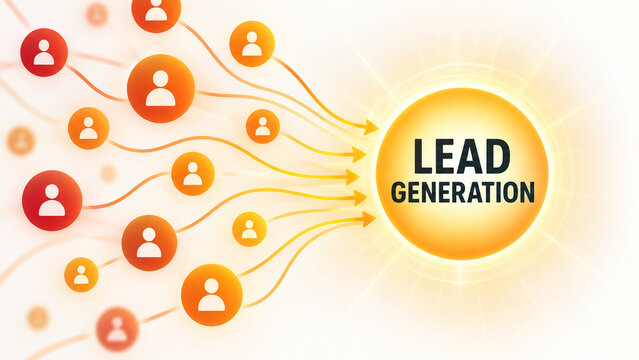 Orange and yellow customer icons connect through curved arrows to a glowing lead generation circle, illustrating customer acquisition and marketing.
