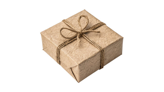 Small square gift box wrapped in craft paper with twine ribbon isolated on transparent background