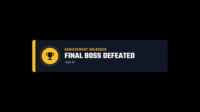 Achievement unlocked notification banner with trophy icon and final boss defeated text, video game reward design. 4k video