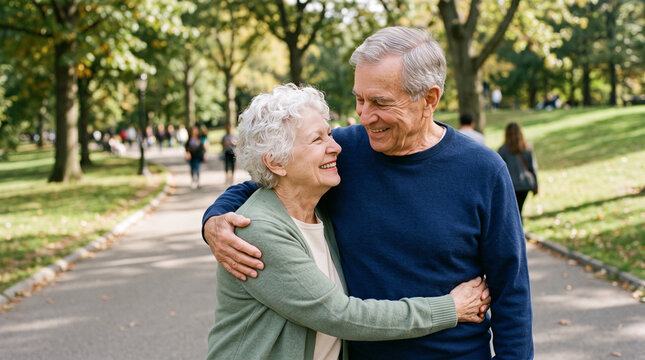 A happy elderly couple shares a warm embrace and smiles while strolling through a sun-drenched park; a close-up shot showcasing a happy old age and a strong marital bond; a devoted elderly couple