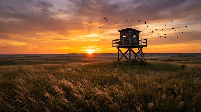 Flock of birds flying past a wooden watchtower in a grassy field at sunset