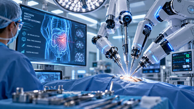 Robotic surgical arms performing a high precision medical procedure in a modern operating room with advanced digital imaging technology