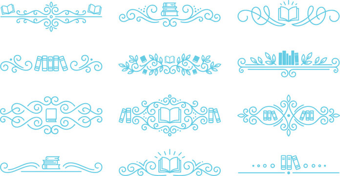 Light blue decorative book themed borders and dividers with elegant swirls for literary designs.