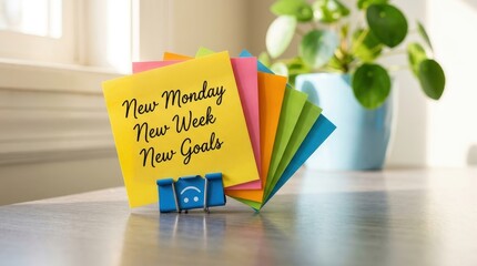Obraz premium New Monday New Week New Goals Motivational Message on Colorful Sticky Notes on a Desk with a Plant Background