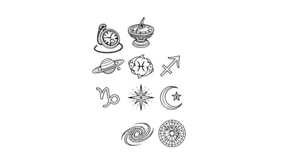 Time and astrology line art set with pocket watch planets zodiac symbols and cosmic elements © Khadijatunanha