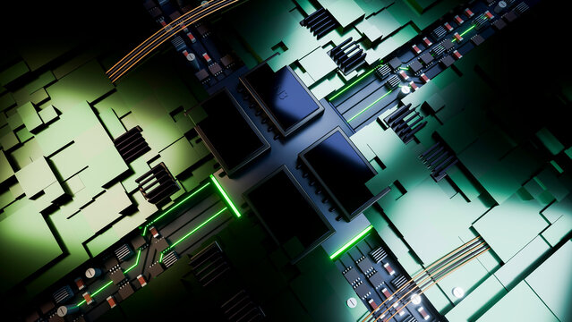 Closeup of computer chip on circuit board with green lighting