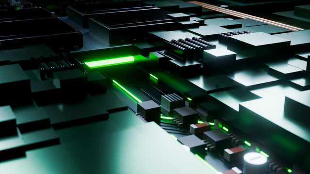 Circuit board with glowing green light on electronic components