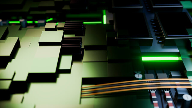 Circuit board with electronic components and green lighting