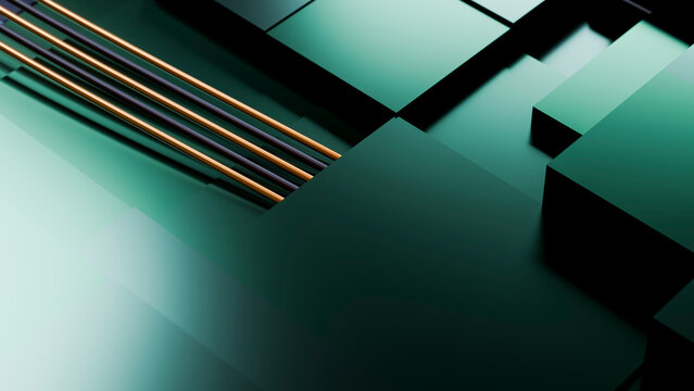 Abstract green geometric blocks intersected by orange tubes digital