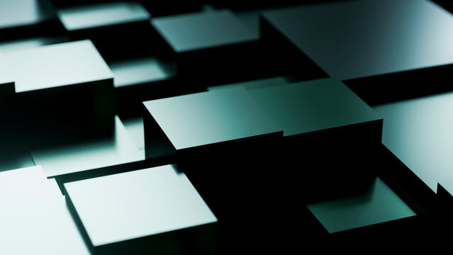 Stacked 3d cubes with reflective surfaces abstract composition