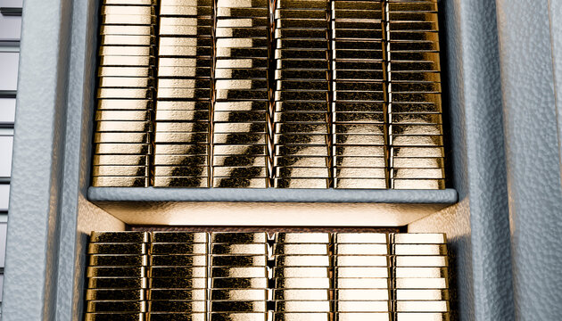 Stacked gold bars in secure container symbolizing wealth