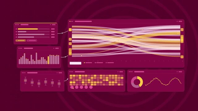 Animated citation network key papers in violet and blue on a deep dark background. Seamless looping 4K dashboard motion graphics with free space for text, ideal for product videos, business presentati