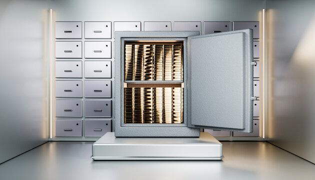 Gold bars stored inside open metal safe in vault room