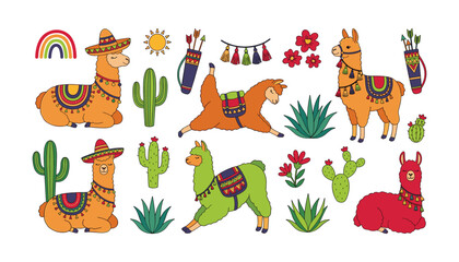 Cute colorful lamas and alpacas sticker collection with Mexican sombrero hats desert cacti rainbow agaves and festive tassels, vector © MdFahim