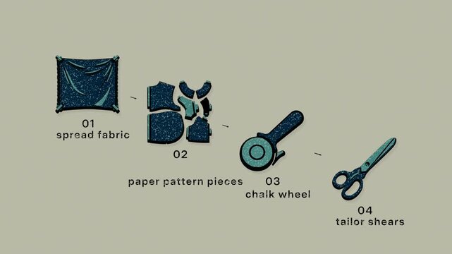 Pattern cutting moves from fabric layout through chalk marking and shearing toward stacked panels, framing a precise decline into writeoff and arrears. Flat 3D style with a dry silkscreen texture