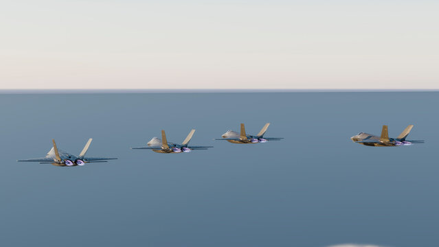 Four fighter jets flying in formation with afterburners