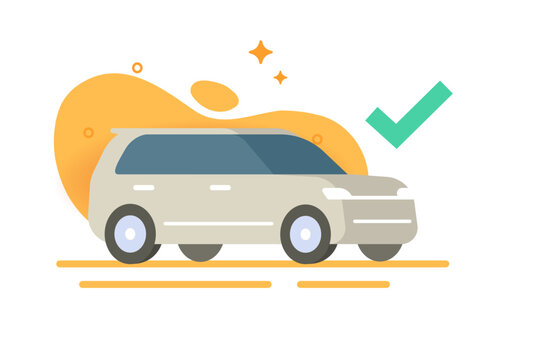 Car inspection checkmark modern 3d cartoon illustration, vehicle check mark repaired choice sign, automobile transport approve success verification concept, auto quality status confirmation clip art
