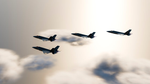 Fighter jets flying in formation through clouds