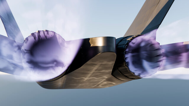 Jet fighter engines emitting purple afterburner thrust during flight