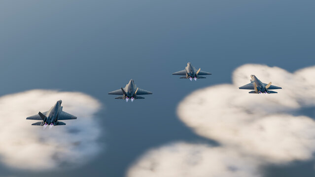 Fighter jets flying in formation with afterburners active above clouds