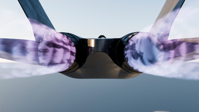 Military fighter jet with afterburning jet engines in flight