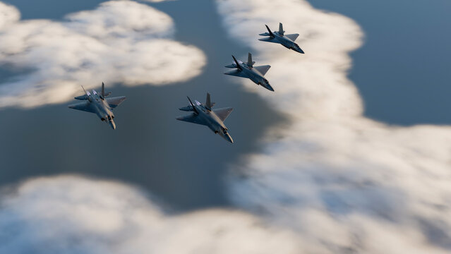 Four fighter jets flying in formation above clouds