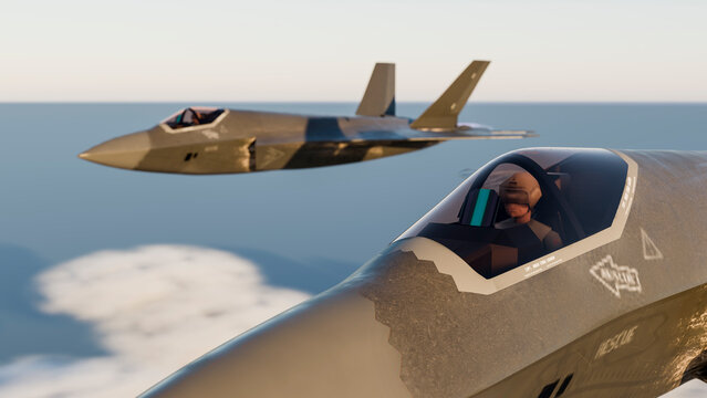 Fighter jets flying with pilots visible