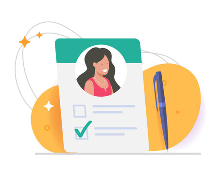Human resources candidate evaluation concept icon vector modern illustration, resume profile form document with checkmark select, person woman applicant hiring job, hr employment decision clip art

