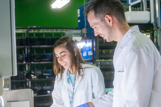Two scientists collaborate and smile