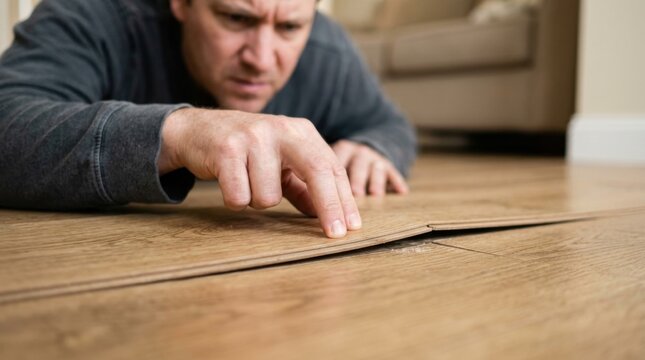 Homeowner pressing down on a warped laminate floor plank revealing a gap and uneven seam between boards.