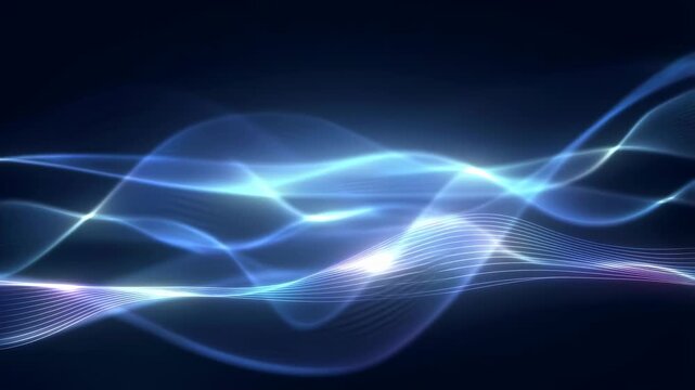 Abstract luminous waves undulate across a dark digital field. Technology presentations, digital communication projects, and science and innovation media.