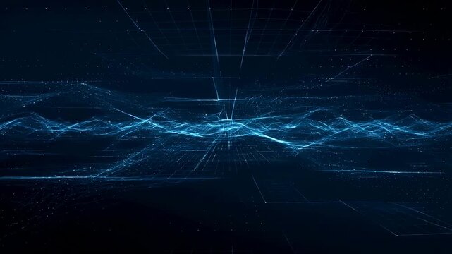 Blue digital network waves flow through a dark abstract technology field. Technology presentation, data analytics promotion, and software and cloud computing advertising.