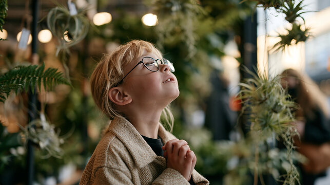 A child with gap teeth pressing her nose against a pet shop window full of hanging ferns and air plants on houseplant appreciation day, curiosity and wonder, urban nature