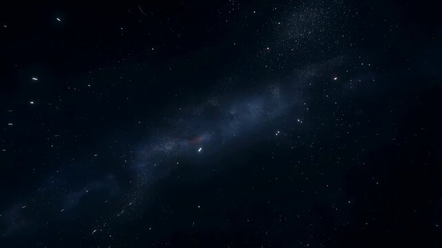 Galaxy star field drifts through dark outer space with cosmic dust and a diffuse galactic band. Astronomy education, science documentary, and space-themed title sequence.