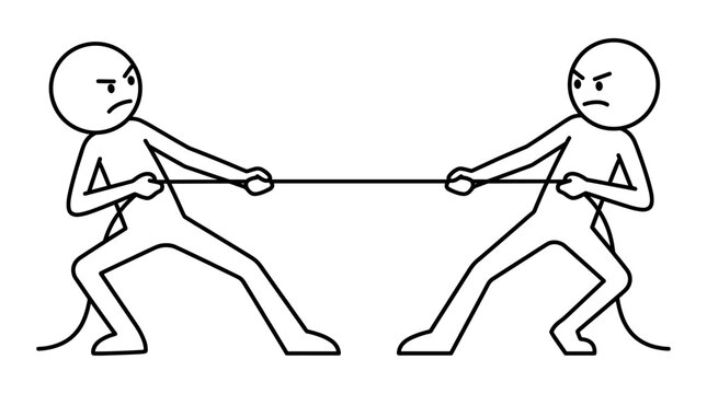 Minimalist line art illustration of two angry stick figures engaged in a fierce tug of war competition with a rope, symbolizing business conflict, rivalry, and struggle on a white background.