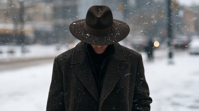 A Georgian man with a wide brim felt hat pulling it low against a city snowstorm on national hat day, urban winter commuter, dramatic weather, fashion meets function, outerwear