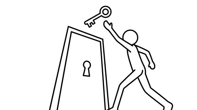 Minimalist Line Art Illustration of a Stick Figure Character Reaching Up to Grab a Floating Key Above a Locked Door, Symbolizing Finding a Solution, Success, Opportunity, and Achievement.
